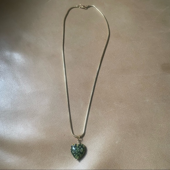 💚 Green Heart Italian Millefiori glass bead snake chain necklace gold brass - Picture 5 of 7
